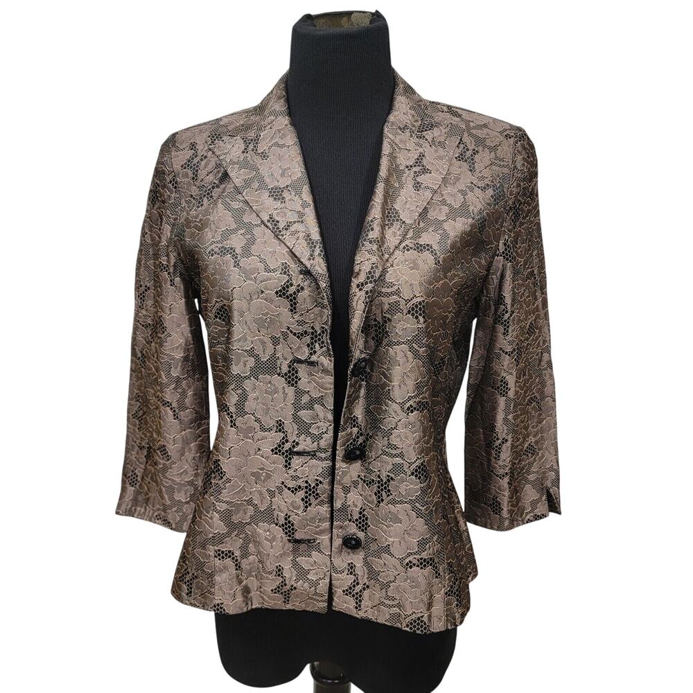 Dark Romantic Size 6 Taupe Black Satin Floral Lace Blazer Artsy Gothic Fairy 80s